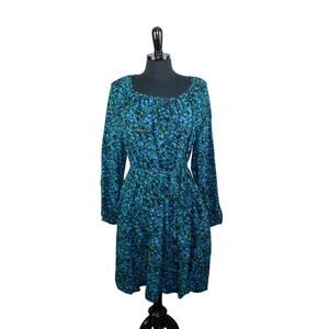 Terra & Sky Floral Dress Blue Green Balloon Sleeve Peasant Hippie Boho